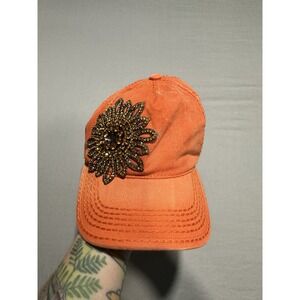 Olive & Pique Bella Glitz Distressed Orange Baseball Cap Slot For Ponytail